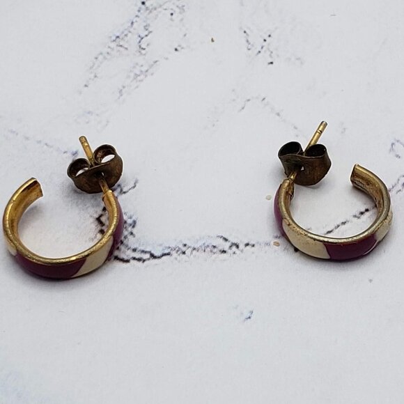 Purple & White Candy Striped Gold Hoop Earrings - Picture 3 of 5